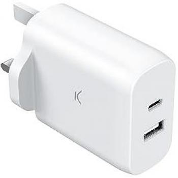 Ksix Cargador de Red UK GaN PD Carga Rápida 45W USB-C + USB-A Blanco, Tipo: Cargador de Pared, Características: Tecnología GaN, Potencia de 45W, So