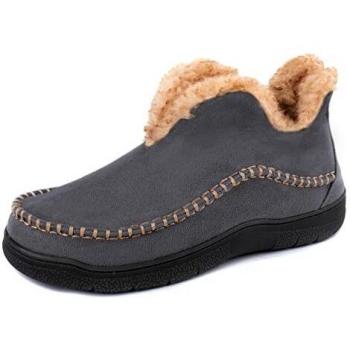 Wishcotton Men's Microsuede Fuzzy Warm Fleece Lining Moccasin Slippers Cozy Memory Foam Indoor Outdoor House Shoes, Grey, 10 UK