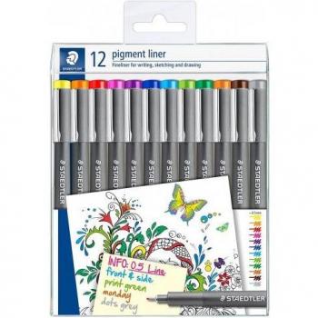 Staedtler Pigment Liner 308 Pack de 12 Rotuladores Calibrados - Trazo 0.5mm - Colores Surtidos