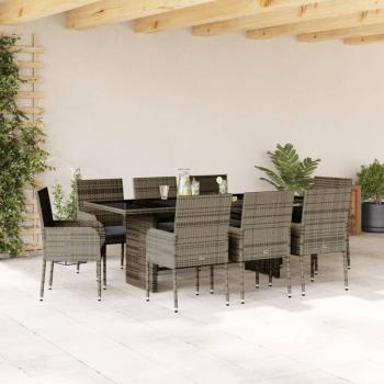 Set de Comedor de Jardín 9 Piezas con Cojines de Polyrattan Gris