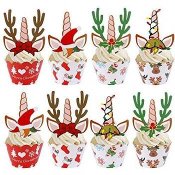 MengH-SHOP Cupcake Topper Wrapper Navidad Cupcake Wraps Liner Baking Cup Party Supplies Cake Decorations para Niños Niñas Regalo Unicornio Decoraciones de Fiesta 24 Pack