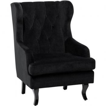 Sillón orejero de terciopelo azul oscuro con patas negras, capitoné y brazos empotrados, estilo moderno escandinavo