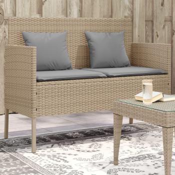 Banco de jardín con almohadas de polyrattan beige, ratán sintético, color beige