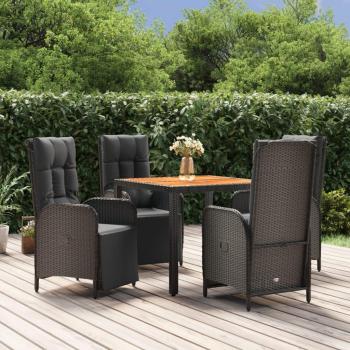 5-Piece Black Poly Rattan Garden Dining Set with Cushions