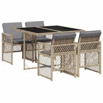 Set comedor de jardín 5 piezas con cojines ratán sintético beige