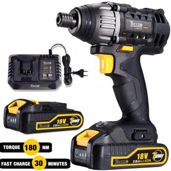 Atornillador de Impacto, TECCPO Professional 180Nm Pistola de Impacto 18V, Velocidad Máxima de 2900 RPM, 2 Batería de 2.0Ah, Cargador Rápido de Media Hora y 6.35mm Portabrocas Rápido - TDID01P