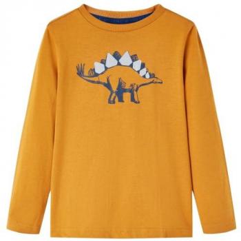 Camiseta Infantil Manga Larga Estampado de Dinosaurio Ocre Oscuro 140