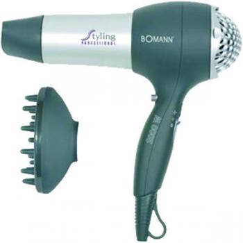 Bomann HTD 889 CB Secador de Pelo, 2000W, 3 Niveles de Temperatura, 2 Velocidades, con Difusor, Color Negro y Plata