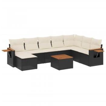 9-Piece Black Poly Rattan Garden Sofa Set with Cushions