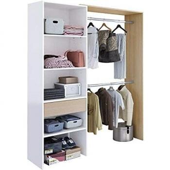 Armario Vestidor, Armario 2 Barras, 4 Baldas y 1 Cajón, Vestidor Reversible, Acabado en Blanco Artik y Roble, Medidas: 158 cm