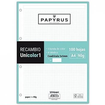 UNIPAPEL 53392226. Recambios 100 Hojas A4, Cuadrículadas 5x5, Banda Color Verde Mint, PaperClas90g, Papyrus - Unicolor 1