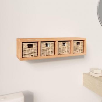 Estante de pared con cestas de madera maciza en color nogal, dimensiones 62x18x16 cm, ideal para mueble de almacenaje en oficina, estudio o dormitorio