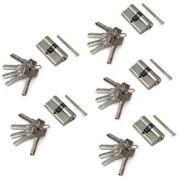 Emuca – Cilindro cerradura tipo pera para puertas 30x30, embrague simple, bombín cerradura 5 pitones, leva larga, 5 llaves, niquel satinado, lote de 5 unidades