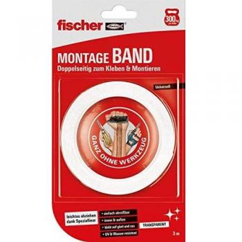 fischer Cinta adhesiva de doble cara y fuerte en transparente, fácil de usar gracias al rotulador especial, para colgar sin taladrar, para espejos, imágenes, decoración, ganchos, etc. 3 metros