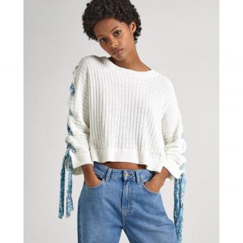 Jersey Pepe Jeans Mujer Blanco Gaia con Detalle de Lazos en Mangas