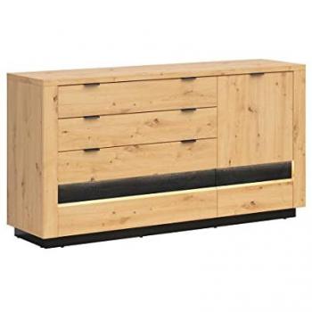 Aparador moderno con 1 puerta, 4 cajones y LED en acabado estratificado beige y negro