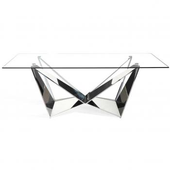 Mesa de comedor rectangular Bazika 220 cm con sobre de cristal templado y patas de metal cromado