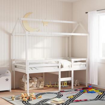 Cama Alta con Techo de Madera Maciza de Pino Blanca 75x190 cm