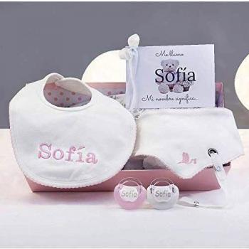 BebeDeParis | Regalos Originales para Bebés Recién Nacidos | Bandeja con Chupetes y Baberos Personalizados | 3-6 Meses