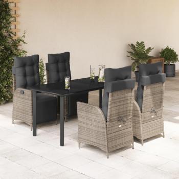 5-Piece Grey Poly Rattan Garden Dining Set with Cushions