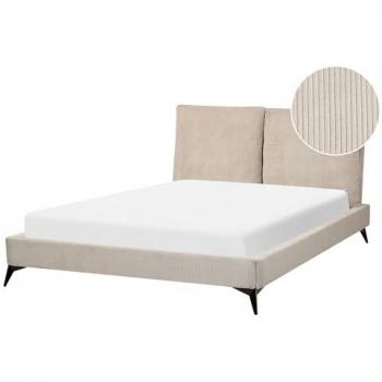 Cama matrimonial moderna tapizada en pana gris pardo 140 x 200 cm con cabecero acolchado y somier de listones Melle