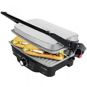 Cecotec Parrilla Eléctrica Rock'n Grill 1500. Revestimiento de Piedra Rockstone, 1500 W, Regulador de Temperatura, Apertura 180º, Superficie 28.7 x 17 cm, Acero Inoxidable y Plástico