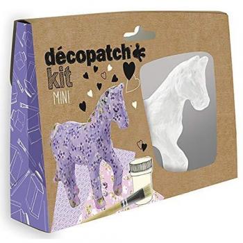 Décopatch KIT010O - Un mini-kit comprenant un animal en papier pulpé blanc, 2 feuilles Décopatch, un pinceau et un pot de vernis colle, Cheval