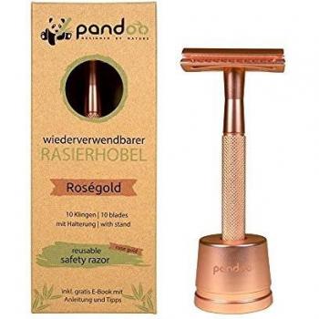 pandoo Maquinilla de afeitar incl. soporte metálico, eBook y 10 hojas | Maquinilla de afeitar Zero-Waste | Maquinilla de afeitar de seguridad | Hombres y mujeres | Peine cerrado | Rosè