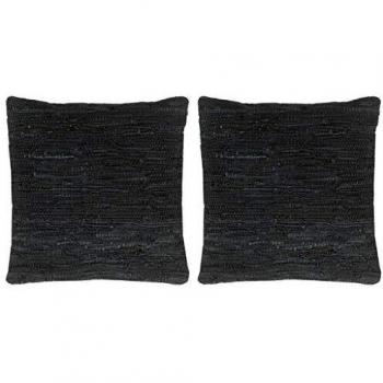 vidaXL 2X Cojines Decoración Cama Sofá Salón Silla Sillón Diseño Original Estilo Chindi Vintage Retro Funda Extraíble Cuero + Reverso Algodón Negro