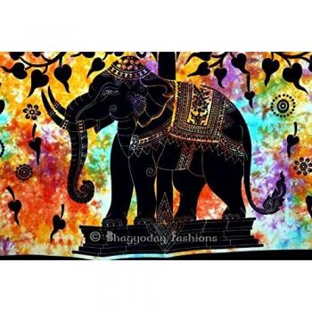 Handicrunch Indian Psychedelic Celestial Elephant Tree Of Life Tapestry ,Good Luck Hand Tie Dye Elephant Tapestry , Hippie Gypsy Wall Hanging , Bhoemain Bed Spread Tapestries , New Age Dorm Tapestry, Bohemain Dorm Decor Elephant Tapestry,
