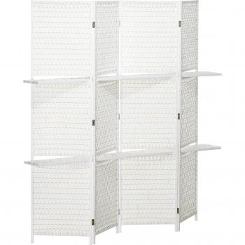 HOMCOM Biombo Separador de Ambientes Plegable 4 Paneles con 2 Estantes Madera de Pino y Fibra de Papel 181x180 cm Blanco