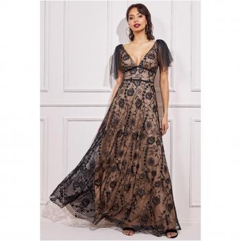 Goddiva Embroidered Lace Maxi Flutter Sleeves - Black