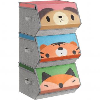 Set de 3 cajas de almacenaje infantil con tema de animales, organizadoras plegables y apilables, con asas y tapa magnética, en rosa, azul, verde y gris, para habitación de niños - Juego de 3 Cajas