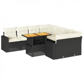 9-Piece Black Poly Rattan Garden Sofa Set with Cushions