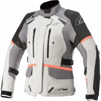 Chaqueta textil de moto para mujer Alpinestars Stella Andes V3 Drystar Hielo-Gris-Negro, características: impermeable, ventilación, protección en hombros y codos, ajuste en cintura, reflectantes para vis