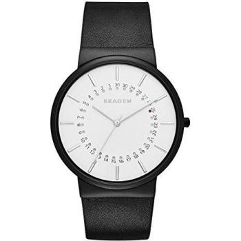 Skagen Men's Quartz Watch with White Dial Analogue Display and Black Leather Bracelet SKW6243