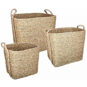 Set de 3 cestas rectangulares de caña trenzada con asas - Beige - Tamaños: L 28/43,5/44,5 x H 24,5/31/39,5 cm