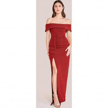 Red Sparkle Bardot Maxi Dress with Waterfall Ruffle