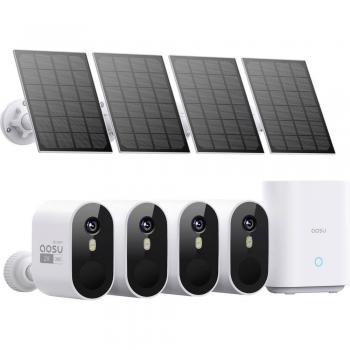 Kit de Cámaras de Vigilancia WiFi AOSU 2K Solar con Homebase, 4 Cámaras Inalámbricas, Visión Ultra Ancha 166°, Detección de Movimiento PIR, Sin Tarifa Mensual