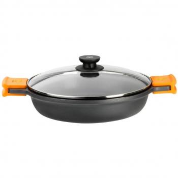 Cacerola Baja BRA Efficient de 28cm, Aluminio Fundido con Tapa de Cristal y Asas de Silicona, Antiadherente Teflon Platinum Plus, Apta para Inducción, Libre de PFOA - Color Negro