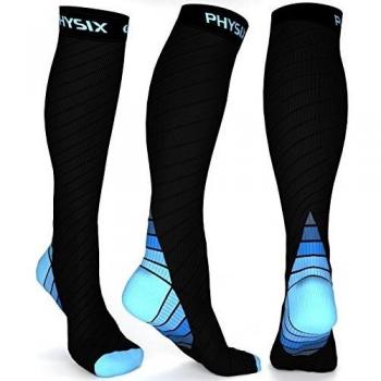 Physix Gear Sport Calcetines de compresión, los Mejores Calcetines compresión Mujer y Hombre para el Dolor de pies y Gemelos, Medias de compresión Hombre y Mujer, 1 par, S/M, Negro/Azul
