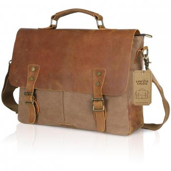 Langforth Genuine Leather Vintage 15.6 Laptop Canvas Messenger Satchel Bag Coffee 16