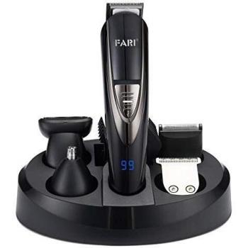 Juego de recortador de barba eléctrico multifuncional FARI, kit de aseo lavable para hombres, cortapelos inalámbrico profesional para hombres y traje de afeitadora de bigote con nariz recortada, negro