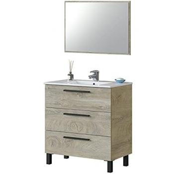 Mueble de baño Athena 80 cm con 3 cajones y espejo, acabado en roble alaska, estilo industrial, incluye lavabo y columna, medidas: 80 cm (ancho) x 86 cm (alto) x 45 cm