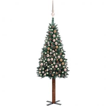 Árbol de Navidad artificial delgado con LEDs y bolas verde 210 cm
