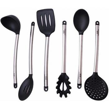 G.a HOMEFAVOR Chef Buddy 6 Piezas de Cocina Juego de Herramientas de Acero Inoxidable Utensilios de Cocina Silicona Resistente al Calor Negro