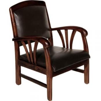 Sillón MACABANE de teca y cuero marrón