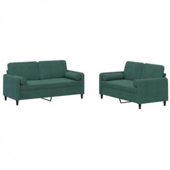 Juego de Sofás 2 Piezas con Cojines en Terciopelo Verde Oscuro, Tapizados, Asientos con Reposabrazos, Sillones para Salón