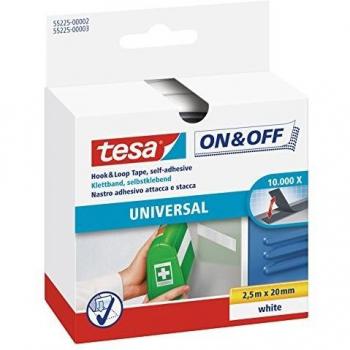 tesa On & Off Cinta de Uso Universal , Cinta Autoadhesiva de Gancho y Bucle para la Fijación Rápida de Objetos Ligeros , Blanco, 2 cm x 250 cm