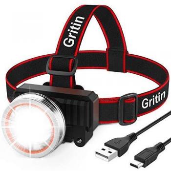 Linterna Frontal LED Recargable, Gritin Linterna Frontal Cabeza USB 3 Modos con Sensor y 2000 Lúmenes Alto Brillante Ajustable Impermeable para Correr, Acampar, Excursión, Pesca, Ciclismo
